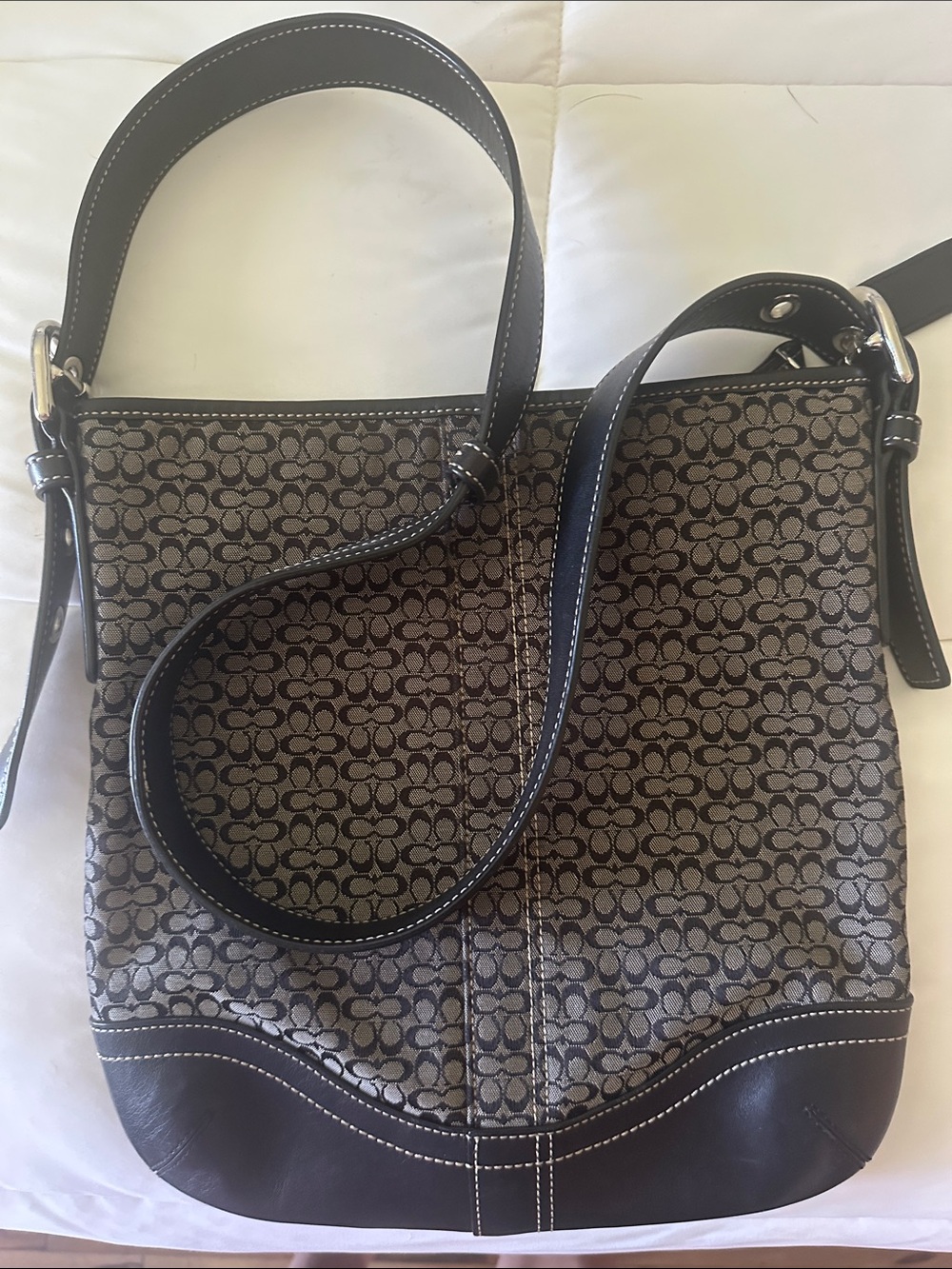Coach BlackSignature Canvas Shoulder Bag with Black Leather Trim